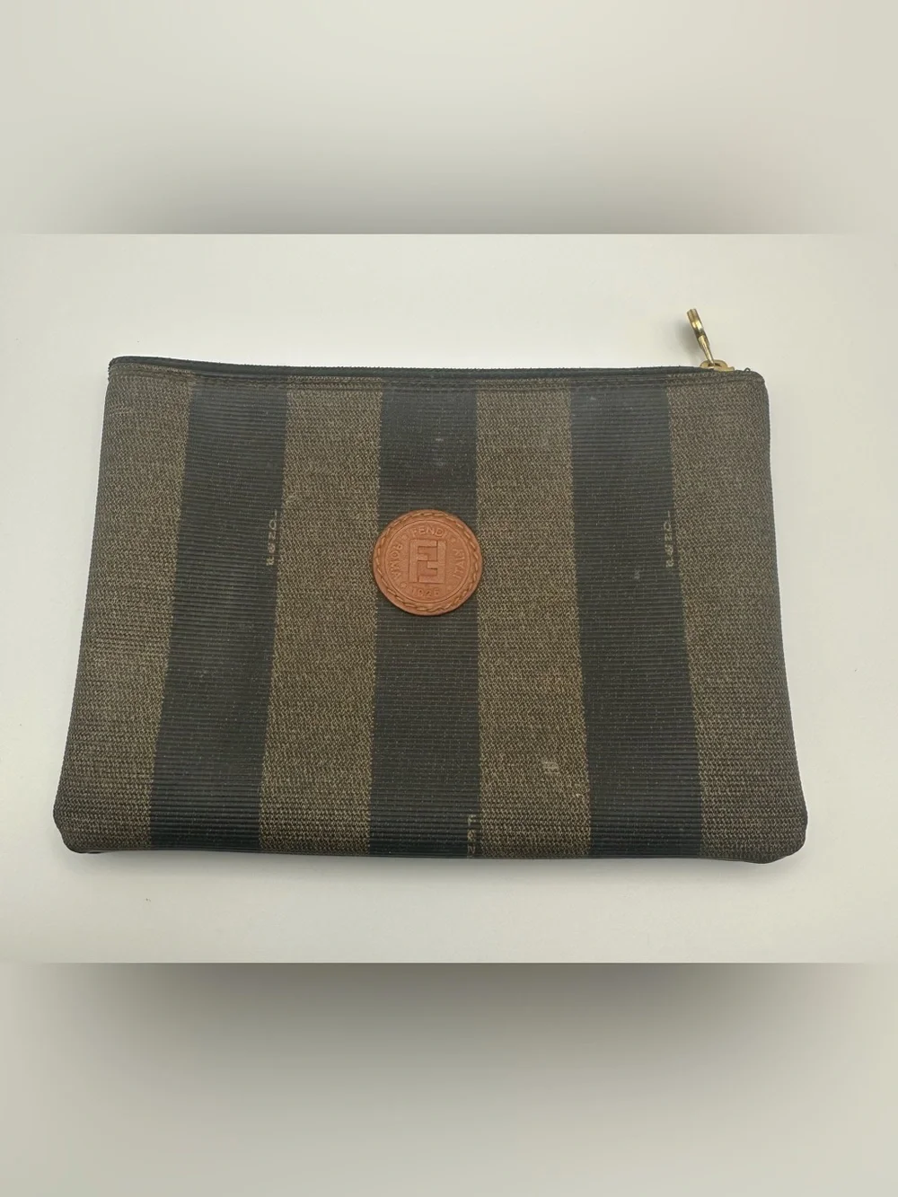 Fendi Pequin Stripe Zip Pouch Cosmetic Bag Brown Black Roma Vtg Authentic Italy